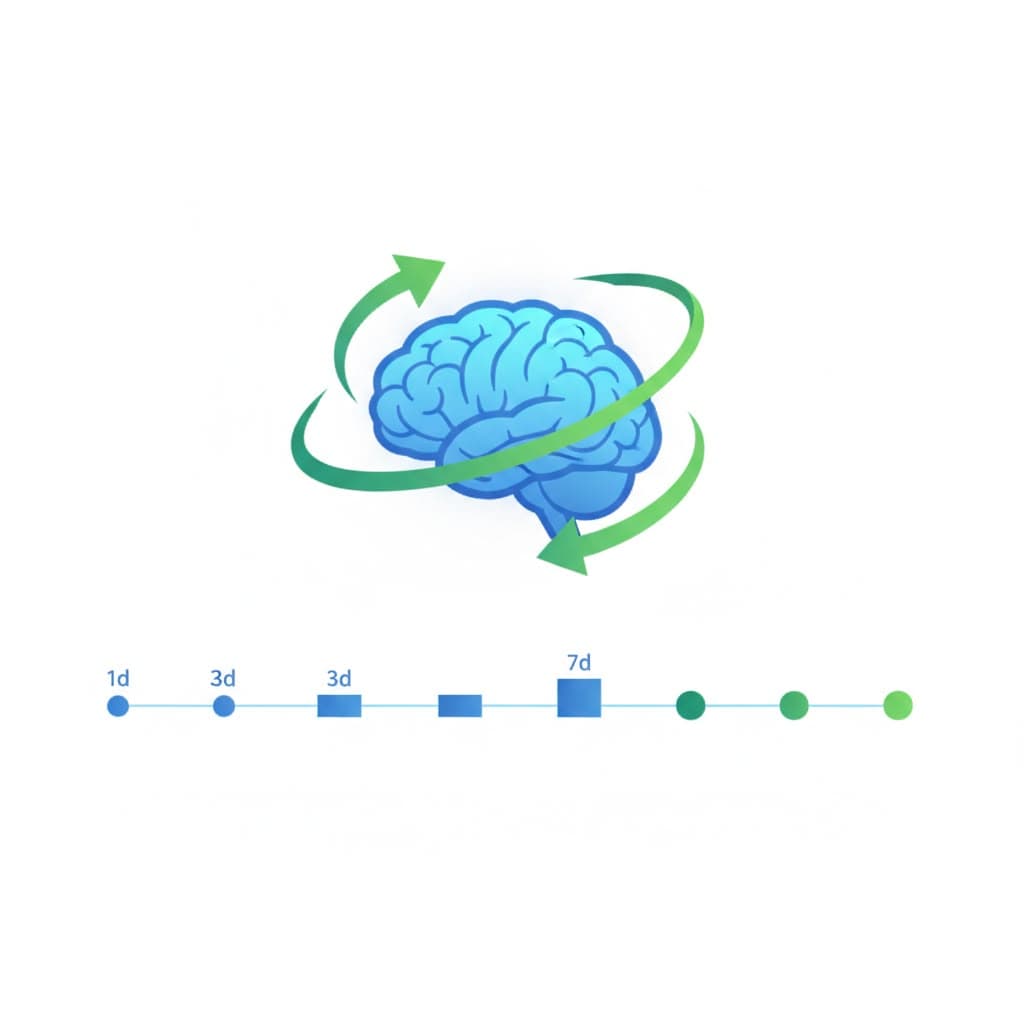 Active Recall und Spaced Repetition: stilisiertes Gehirn mit Rückrufpfeil und Zeitachse (1–3–7 Tage)